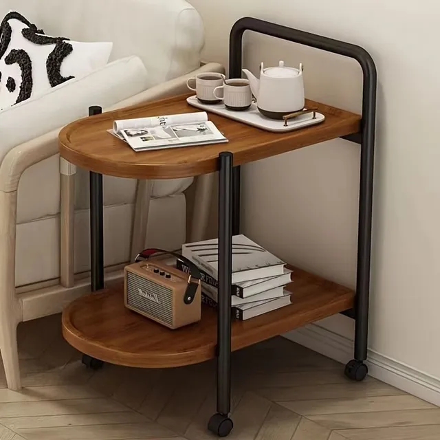 Double table, night table, coffee table for small space, mobile storage shelf with wheels, home storage organizer