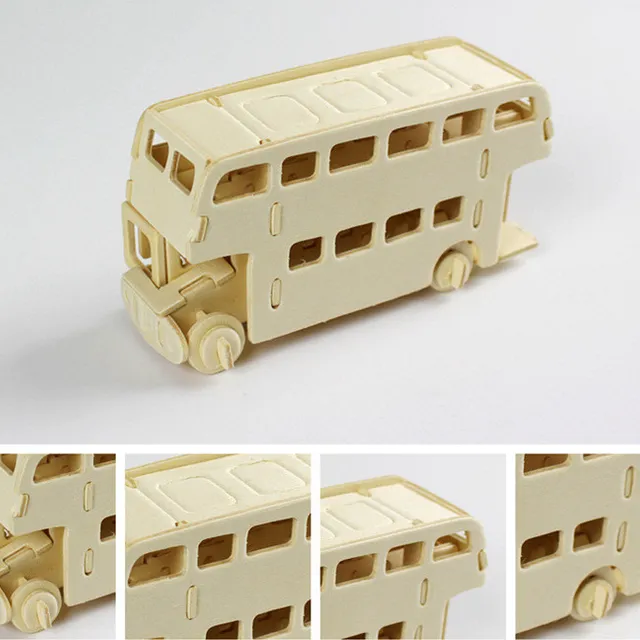 Autobuz din lemn 3D - puzzle pentru copii
