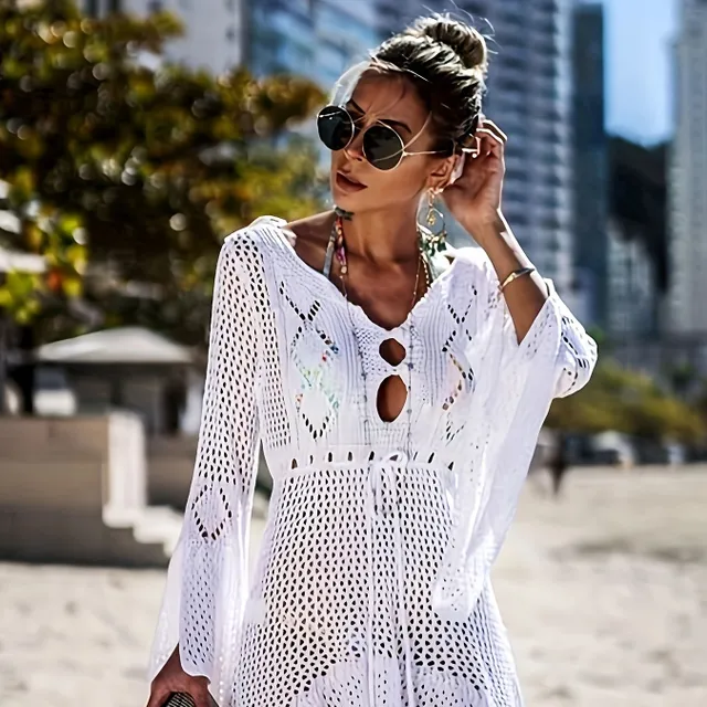 Knitted beach dress with V neckline and long sleeves