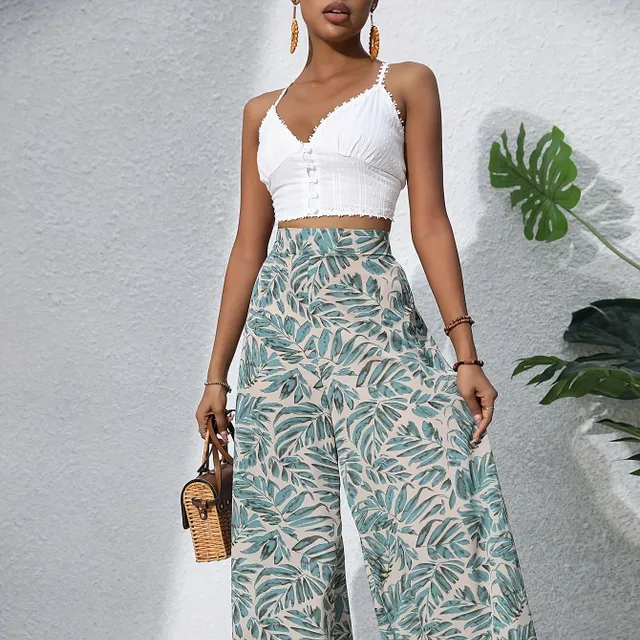 Boho Pants with Flower Pattern - Elastic Pas, Wide Nohavice, Summer