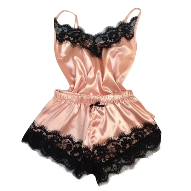 Ladies satin lace pajama set s pink-193