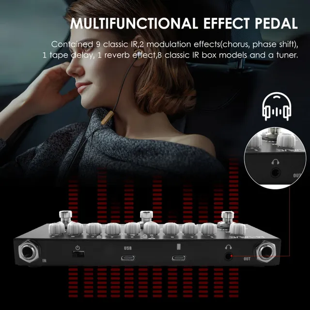 Compact multi-function guitar pedal effect with integrated amplifier