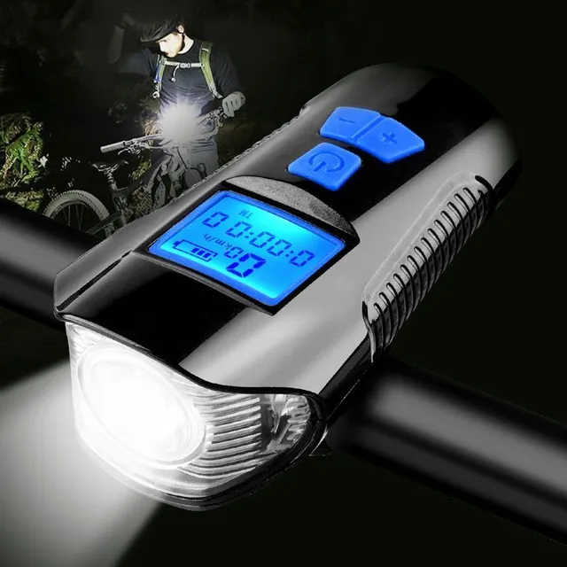 Waterproof LED bike light with USB, speedometer and electric bell