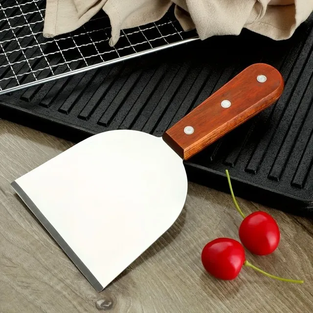 2pc Barbecue scraper for barbecue plate - Stainless steel oblique squeegee with handle made of riveted wood