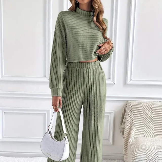 Knitted two-piece set: long sleeve crop top and trousers with elastic waist - women's clothing