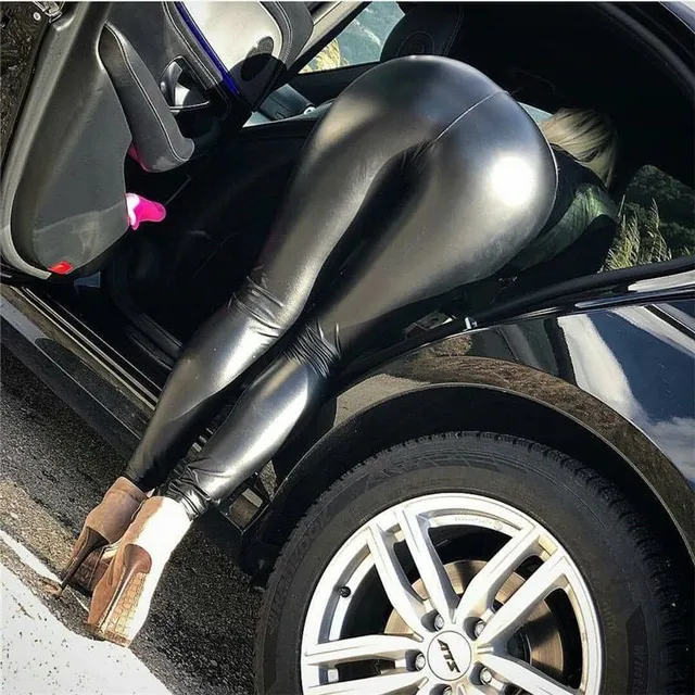 Women's black leather leggings with high waist