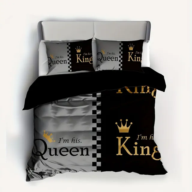 Set de lenjerie moale și confortabilă cu imprimeu digital de coroană și motto-ul Q&K, format din 3 piese