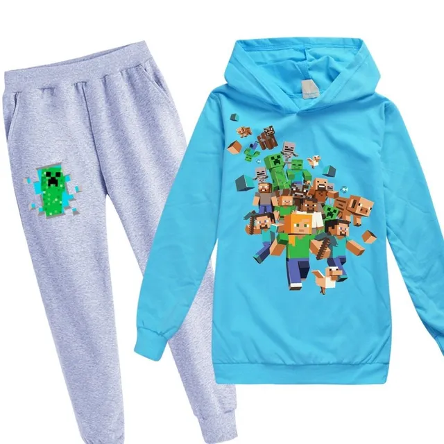 Stylish tracksuit with the motif of the computer game Minecraft sky blue gray 2 - 3 roky