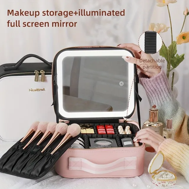 Travel Case On Make-up With Mirror LED Light 3 Adjustable Brightness Cosmetic Bag Portable Storage Adjustable partition Waterproof Brushes On Make-up Organizer On Jewelry Gift for Women