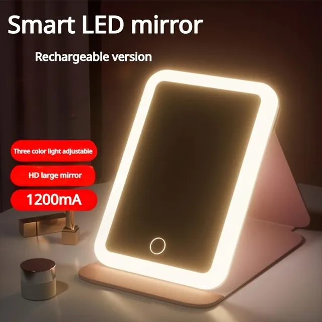 Travel LED folding mirror with large square surface and adjustable lighting