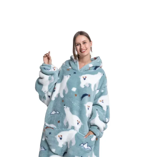Nosná deka s kapucňou z plnených zvierat a sherpa fleece pre dospelých