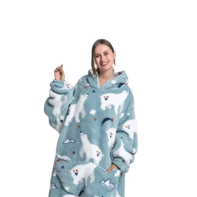 Wearable blanket with hood of stuffed animal and sherpa fleece for adults