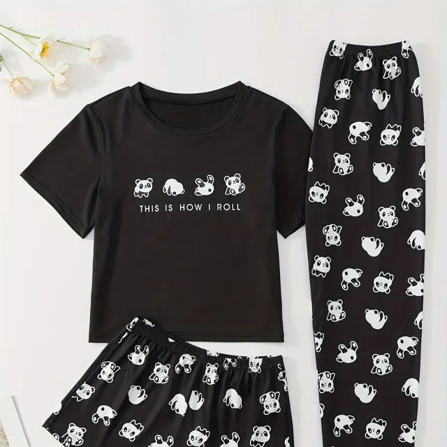 Pyžamový set s potiskem pandy - roztomilý krátký rukáv a šortky/kalhoty