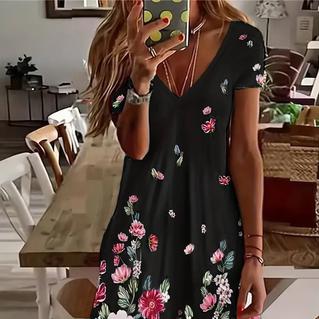 Short sleeve dress with floral print, v-neck, casual dress for spring and summer, women's clothing