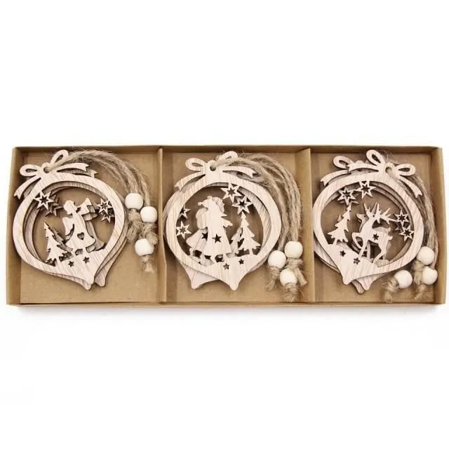 Wooden Christmas snowflakes for tree 12 pcs