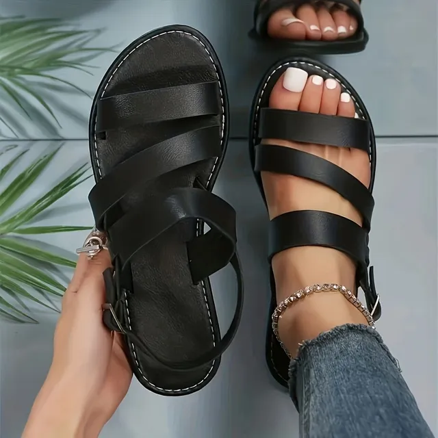 Women's sandals of Roman type, monochrome, with open round toe, with belt around the ankle, occasional beach sandals