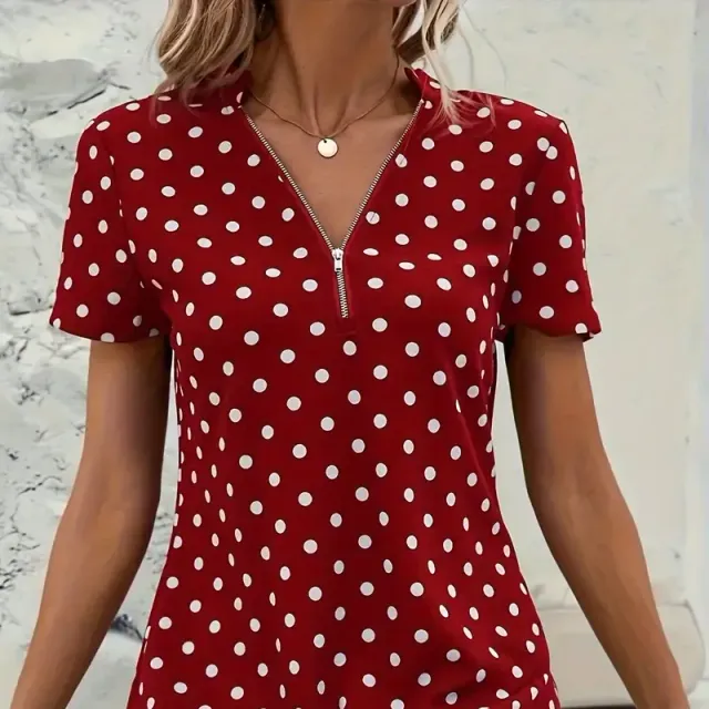 Blush with round neckline and polka dots, elegant short blouse zipper for women's clothing