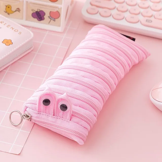 Original modern one-colour funny school pencil case in the shape of a cute worm with moving eyes