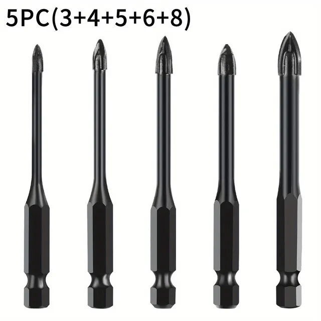 Universal drill with cross grinding - 5 pcs set, 3/4/5/6/8 mm, hard metal, for glass, ceramics, wood