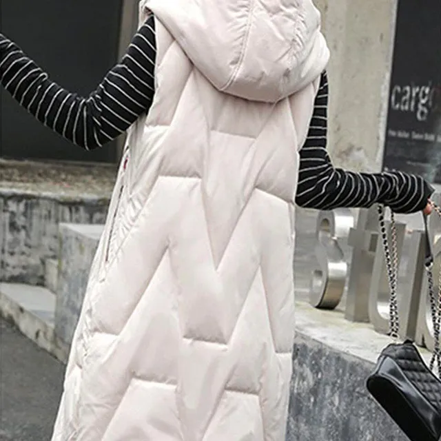 Dámska dlhá módna vesta s nepravidelným prešívaním a kapucňou