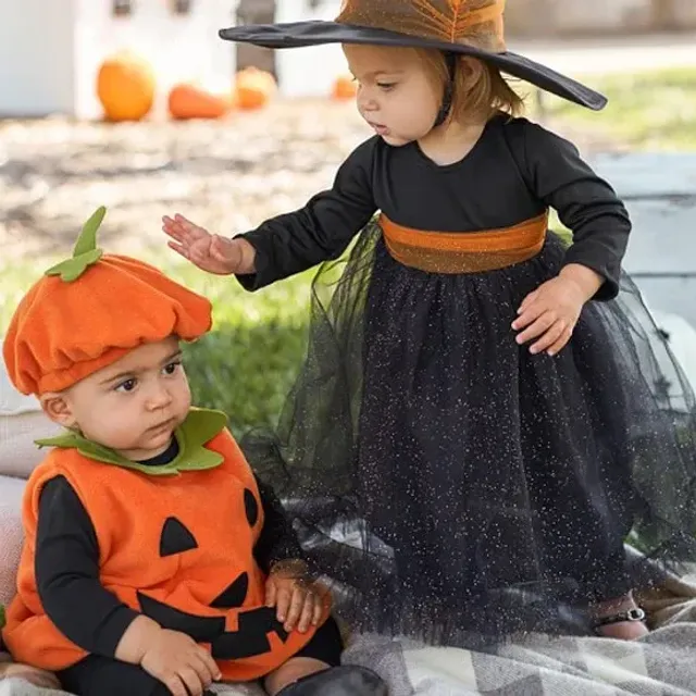 Children's Halloween pumpkin costume with romper and sleeveless hat