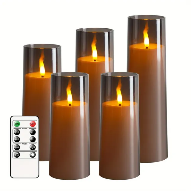 5pcs Flicker Flameless Candle, (H5,84cmxH12,7cm12,7cm15,24cm17,78cm20,32cm) With Remote Control and Timer, LED Candle For Christmas Halloween Wedding Decoration (grey)