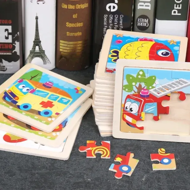 Wooden puzzle for children 11x11 cm: Vehicles, Pets, Cartoons, Montessori teaching toys for children