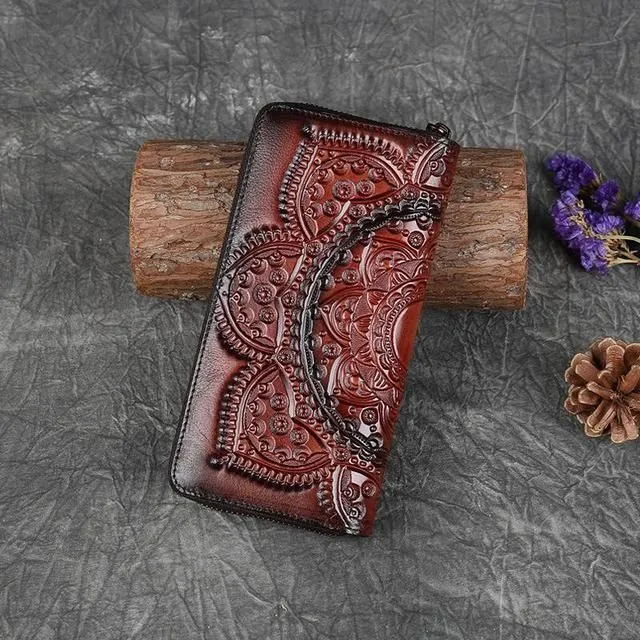 Mandala Ručně vyrobená embosovaná peněženka z pravé kůže