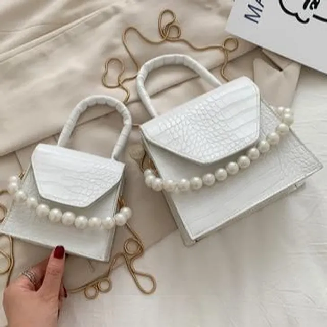White Pearl Chain Crocodile Pattern Square Bag