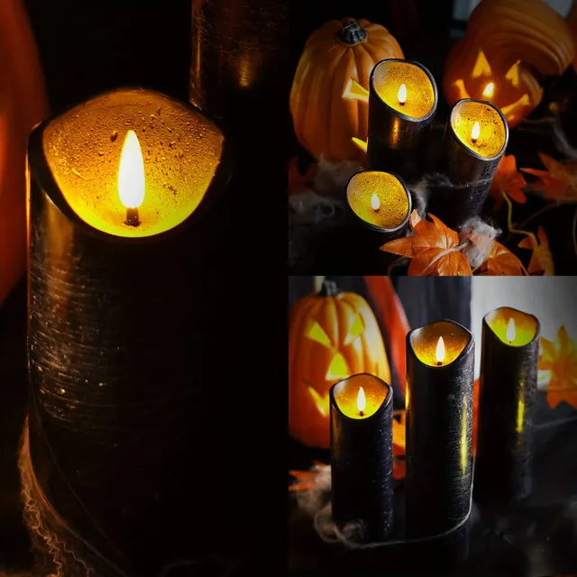 Set of 5 Flameless Candles From True Wax Flicker, Christmas Home Decoration Halloween, (H5,59 Cm X Height 12.7 Cm 5,12.7 Cm 15,24 Cm 17,78 Cm 20,32 Cm), With Remote Control and Timer, Candle From Right Wax LED (black)