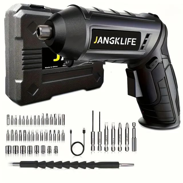 Pocket electric screwdriver 90° swivelling with pull-out handle and set of bits.
