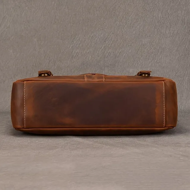 Vintage Pánske kufrík z pravej hovädzej kože, taška na notebooku, kožená kabelka šialený kôň