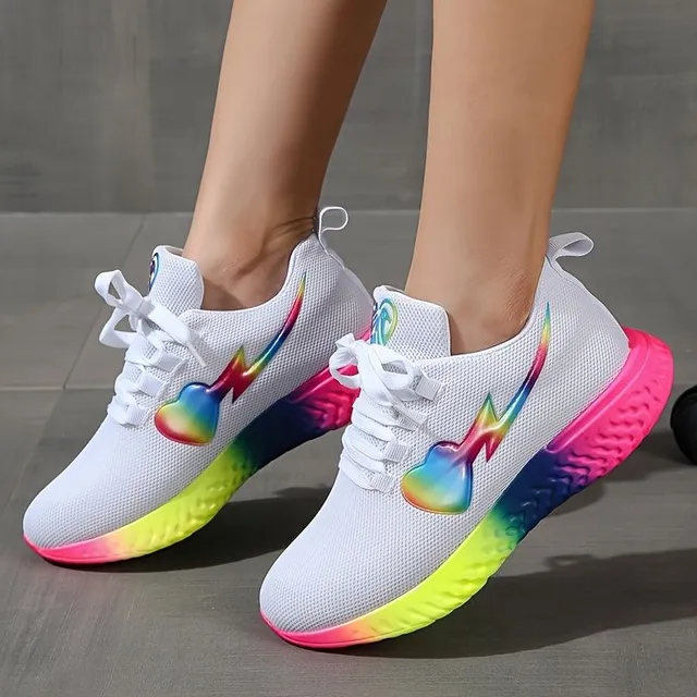 Damen Laufschuhe mit Regenbogen-Sohle aus atmungsaktivem Gewebe und Schnürsenkeln