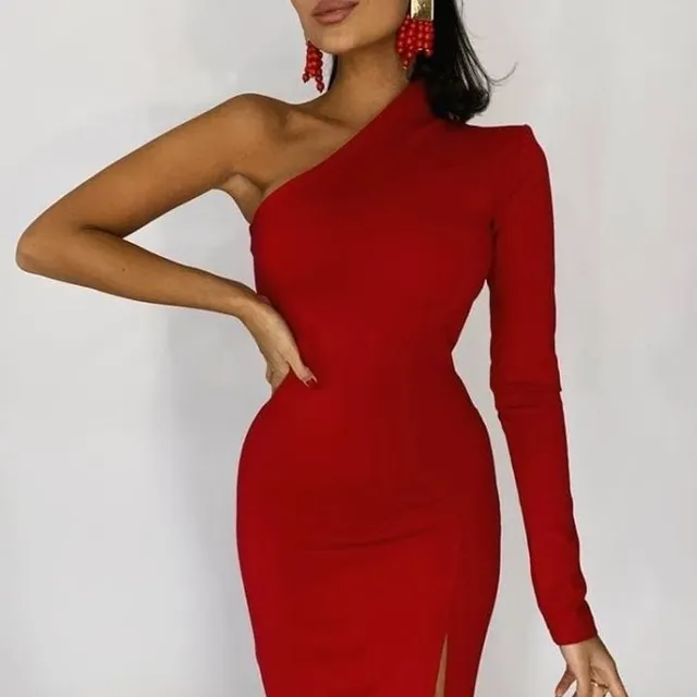 Ladies elegant long dress with one long sleeve and slit Red L