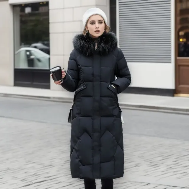 Women's stylish long winter quilted jacket with fur - various colours