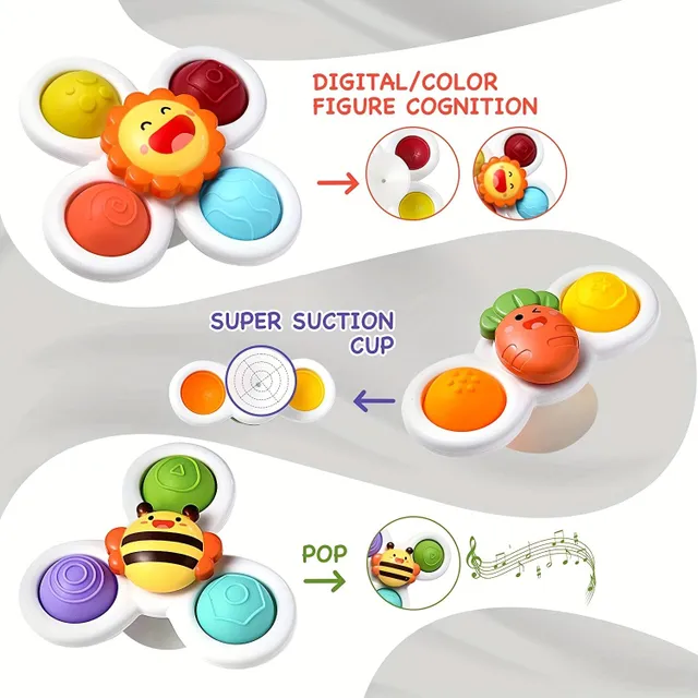 Set 3 jucării cu ventuze pentru baie pentru copii mici - Se rotesc pentru distracție și dezvoltarea simțurilor