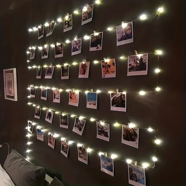 Lanț luminos cu cleme pentru fotografii - 100 LED-uri, 40 cleme din lemn, pentru fotografii, petreceri, decorațiuni de Crăciun și de Halloween