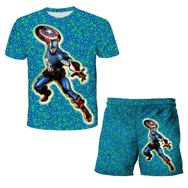 Stylish sporty kids set of shorts and T-shirt with the motif of the popular Avengers Kirby