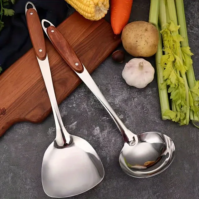 Spatule en acier inoxydable et cuillère à soupe avec manche en bois