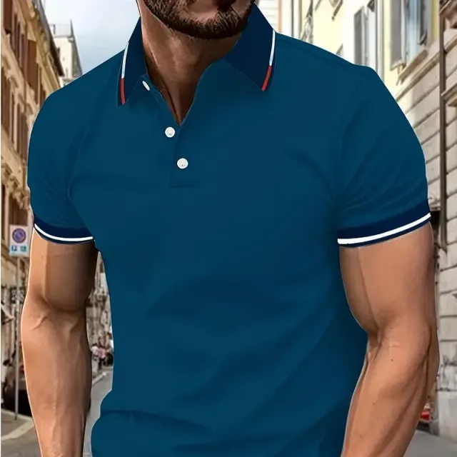 Men's golf polo shirt with short sleeve for leisure - breathable with contrasting lining