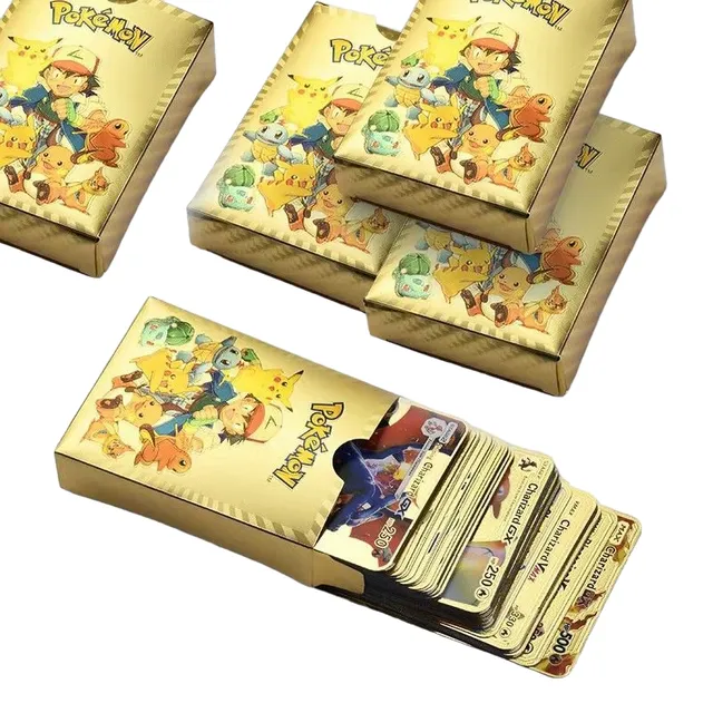 Pachet de cărți Pokémon VMax Cărți Pokémon strălucitoare Cărți de colecție Pokémon Set de cărți de joc, aurie, 55 buc