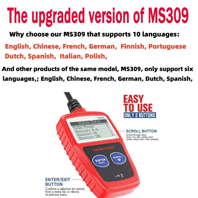 Diagnostický nástroj pre auto: MS309 čítačka OBD2/EOBD a chybové kódy mazania - vylepšená verzia