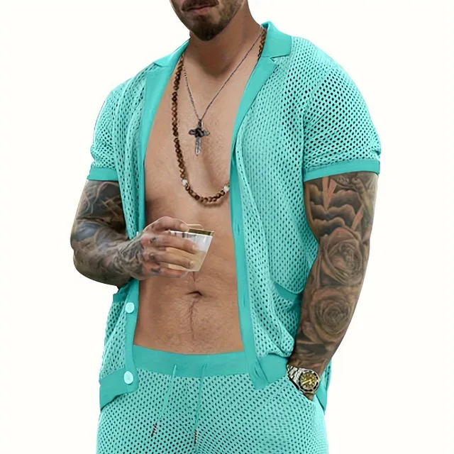 Breathable knitted or crocheted men's set with t-shirt and shorts with broken design