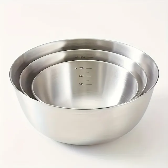 Universal stainless steel bowls - 3 pieces with measuring cups and bent bottom