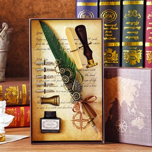 Gift set with writing supplies: luxury pen with seal and wax, jubaboz calligraphy pen and ink pen set