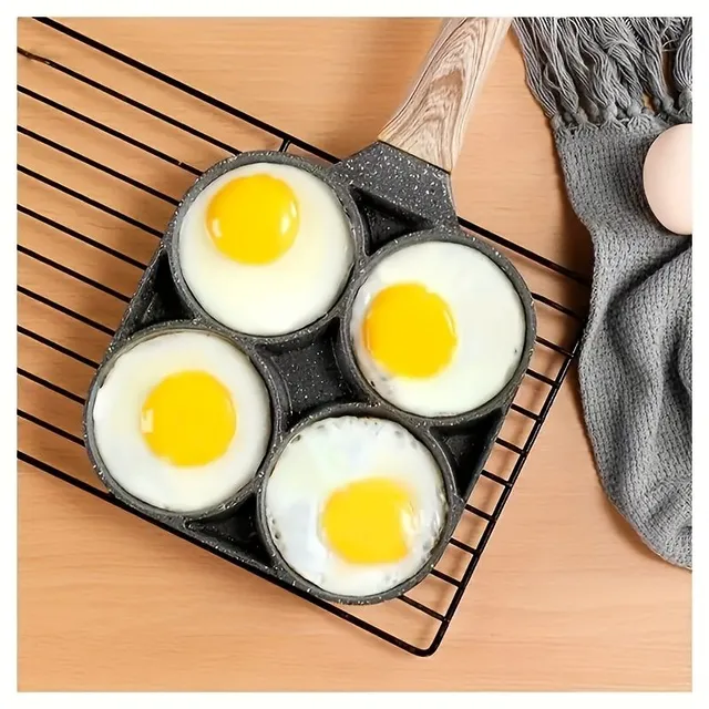 Non-stick pan for pancakes and fried eggs with 4 holes and wooden handles