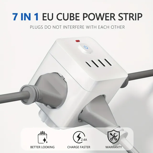 Priză de alimentare UE 7 în 1 cu protecție împotriva supratensiunilor, 3 prize + 3 USB + 1 USB-C, stație de încărcare cu protecție împotriva suprasarcinilor