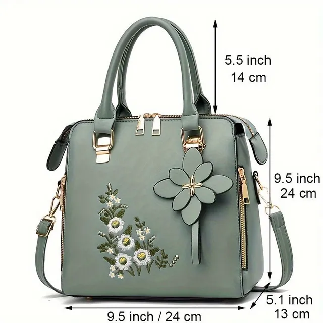 Geantă de damă - Tip crossbody, cu model floral brodat, breloc (2 în 1)