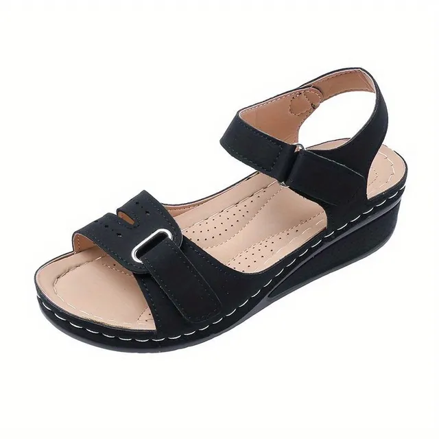 Women's sandals with retro-style wedge, single-colored, open tip and Velcro clamping