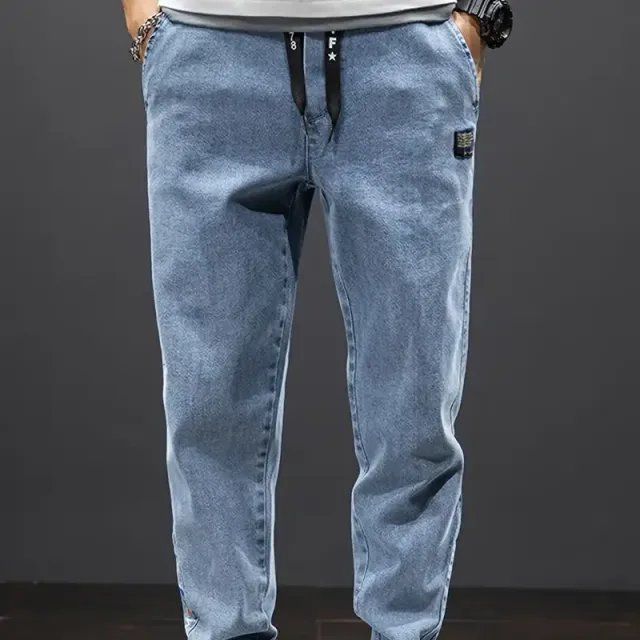 Men's denim joggers with pockets, comfortable string cotton pants for leisure and outdoor activities